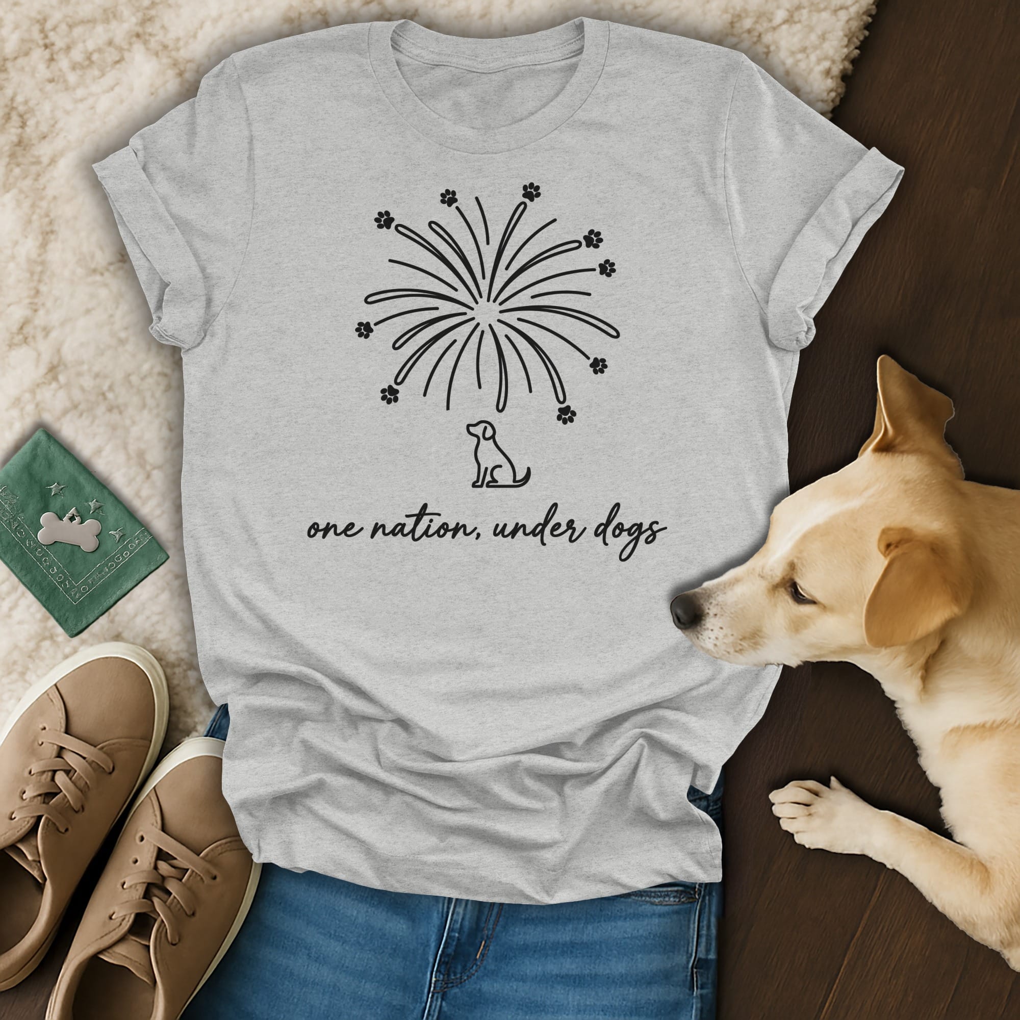 Grey t-shirt with fireworks design, dog silhouette, and text "one nation, under dogs".