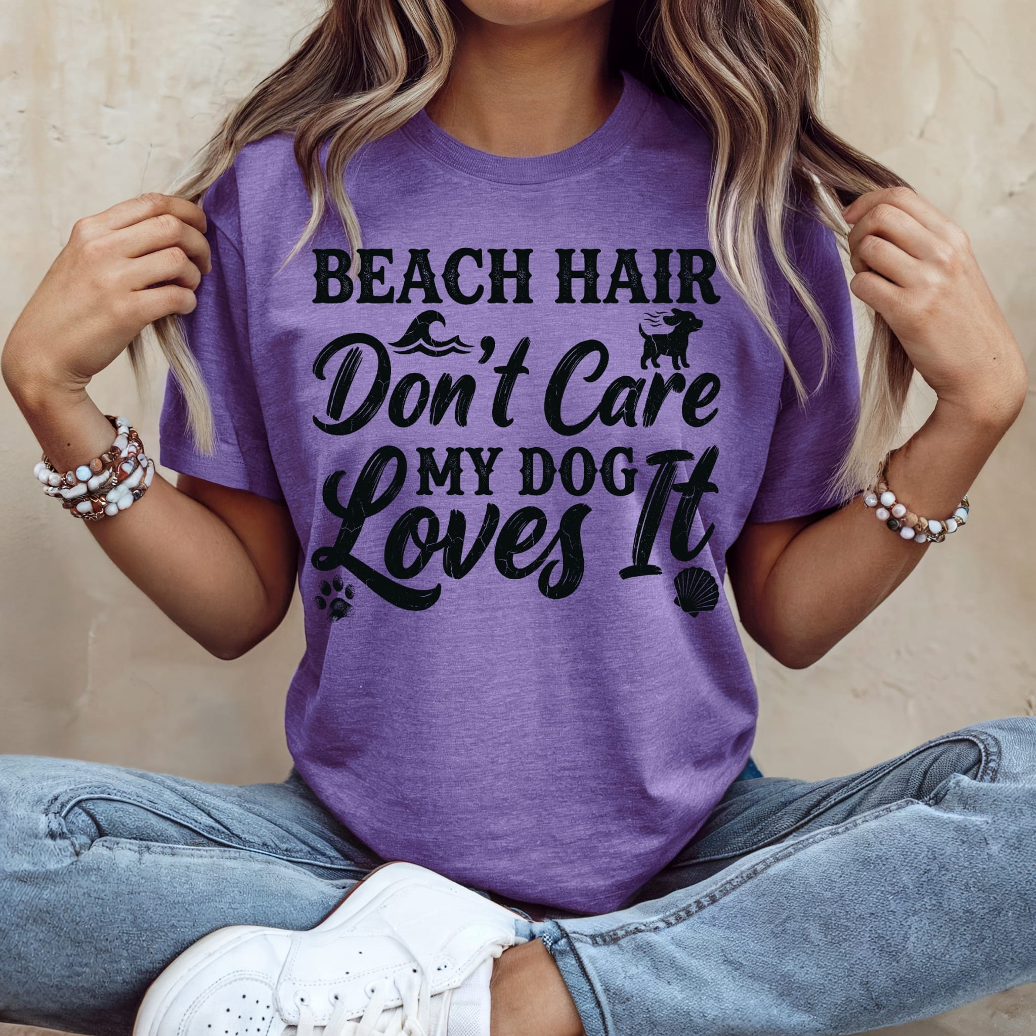 Purple t-shirt with "Beach Hair Don't Care My Dog Loves It" text and dog graphic.