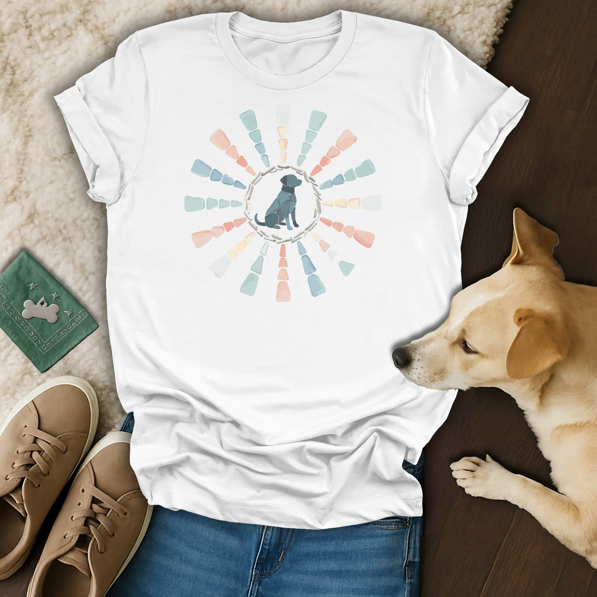 White t-shirt with a seated black dog graphic and a radiating sunburst pattern.