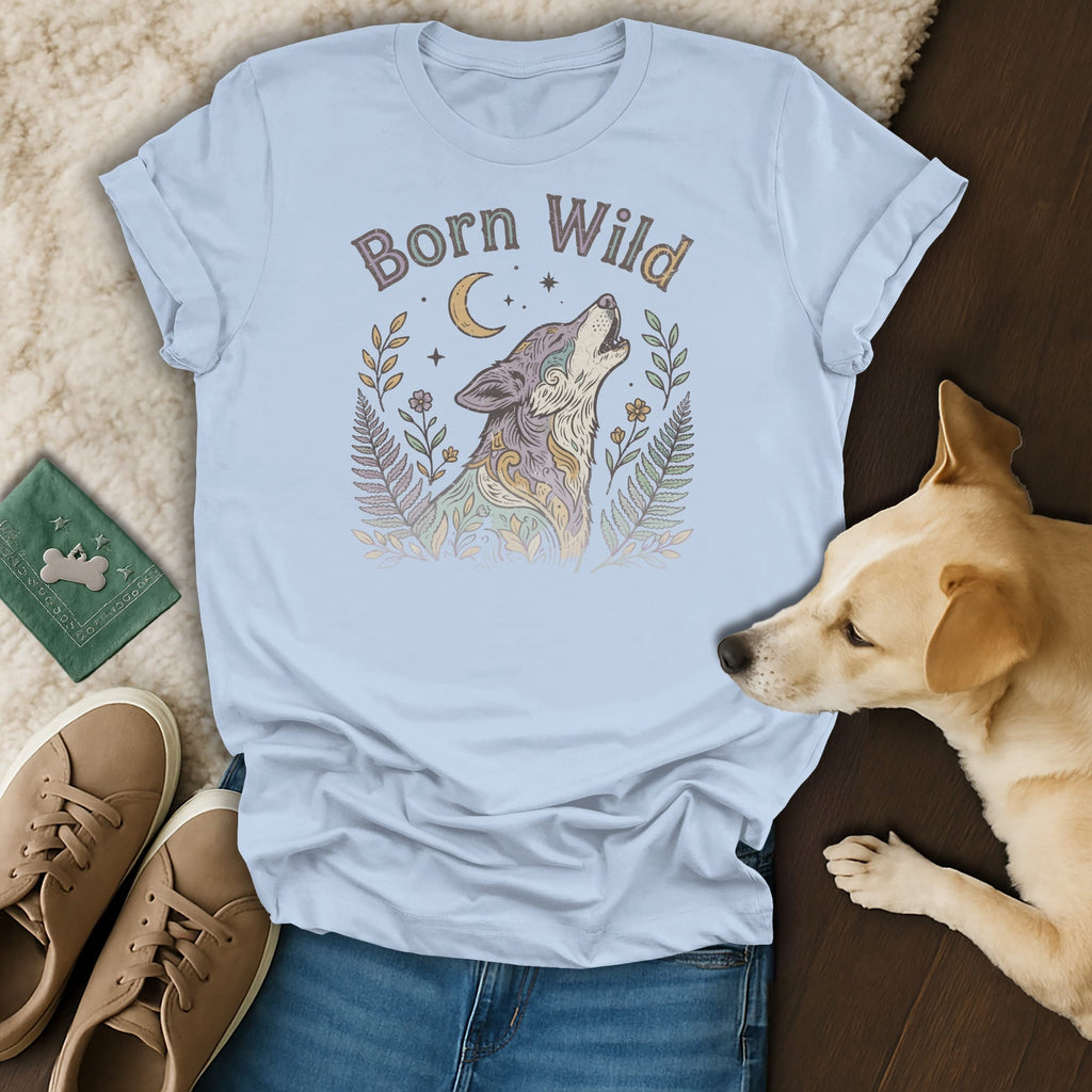 Light blue t-shirt with a wolf howling at a crescent moon and the text "Born Wild."