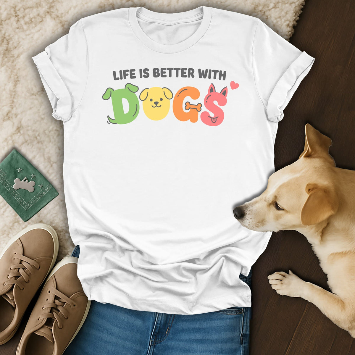 White t-shirt with "Life is Better with Dogs" text and cartoon dog faces.