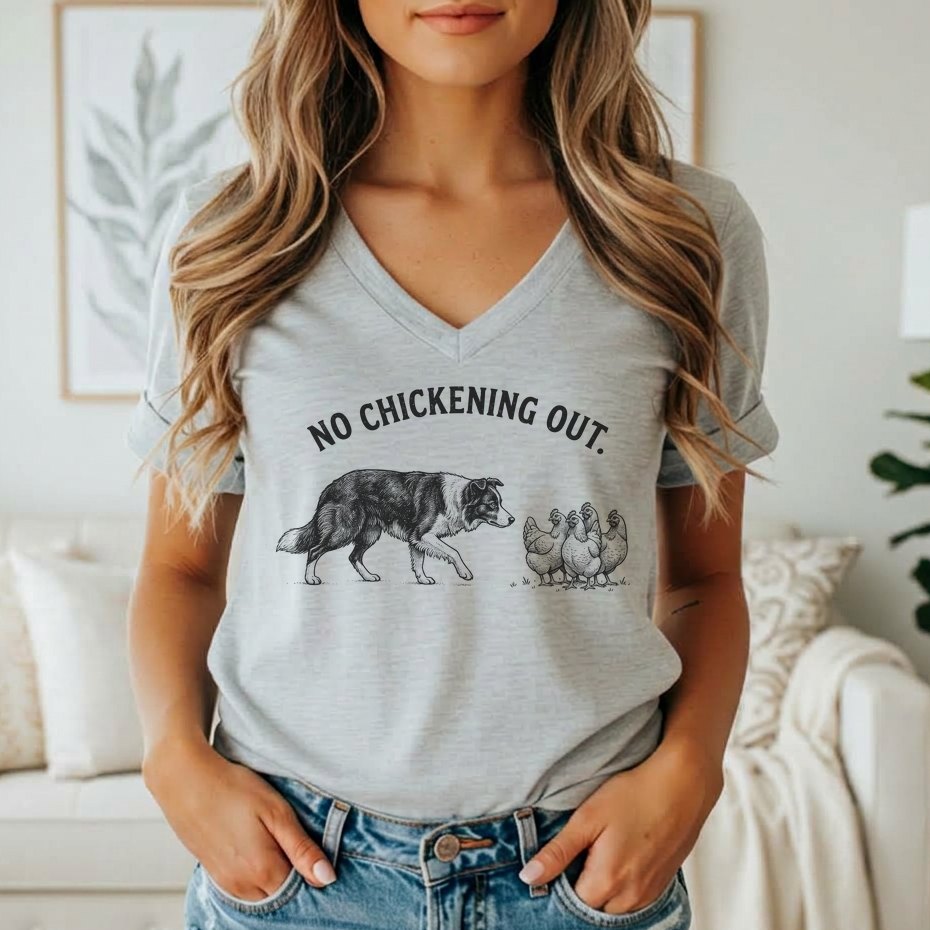 Gray t-shirt with black line art of a border collie facing chickens and text "NO CHICKENING OUT."