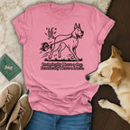 Pink t-shirt with a dog walking person graphic and "Technically I have a dog. Practically I have a horse." text.
