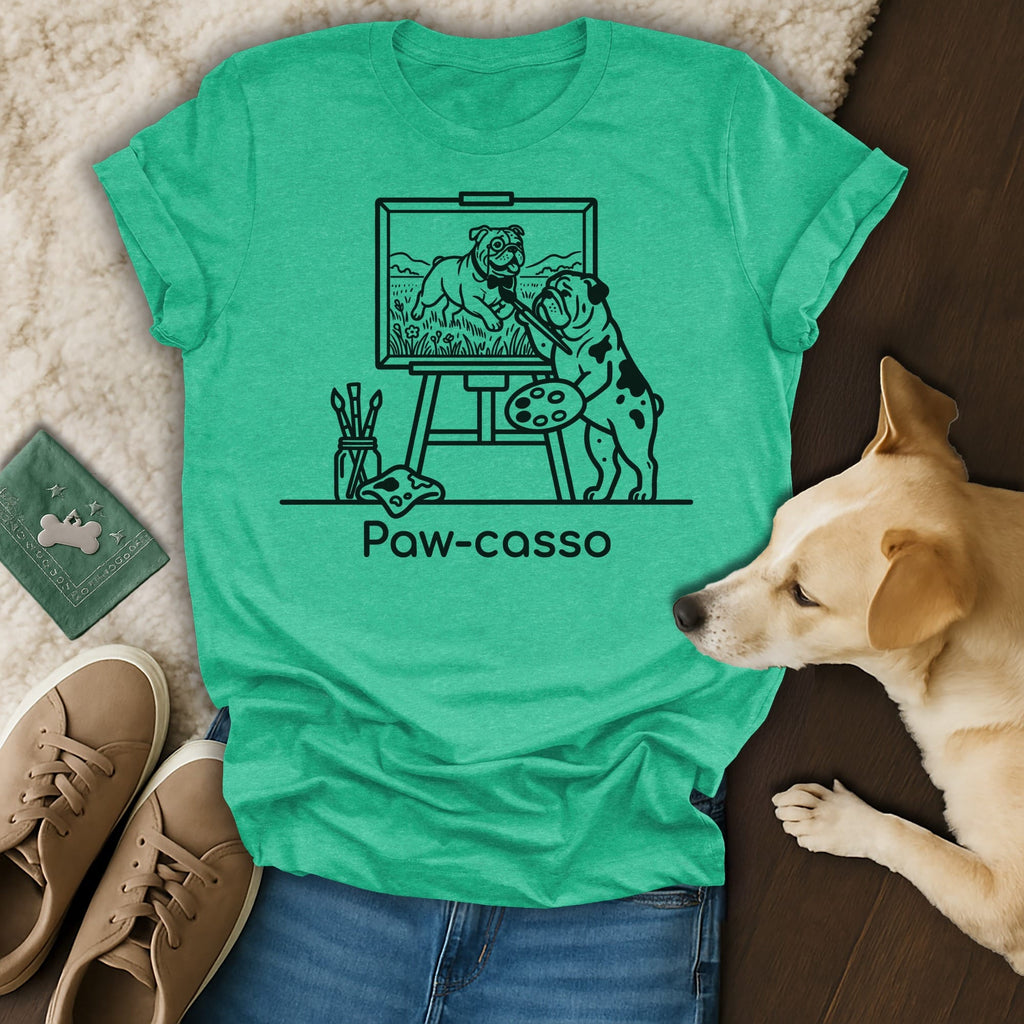 Bulldog painting a landscape on easel, text "Paw-casso".