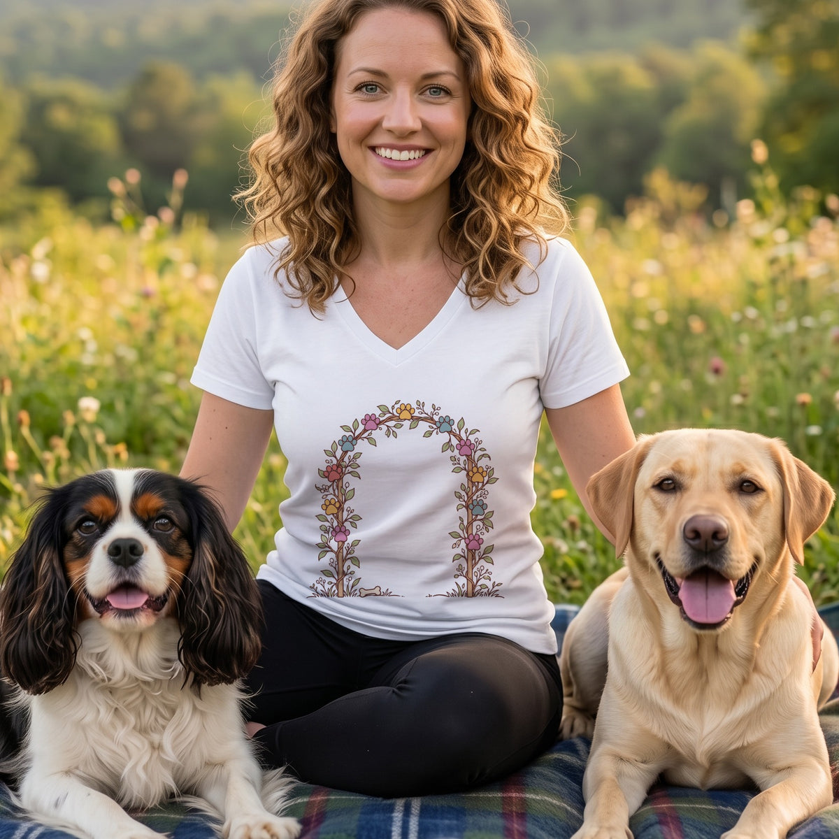 A smiling woman with curly hair wearing a white V-neck t-shirt with a floral arch graphic, sitting outdoors flanked by two dogs.