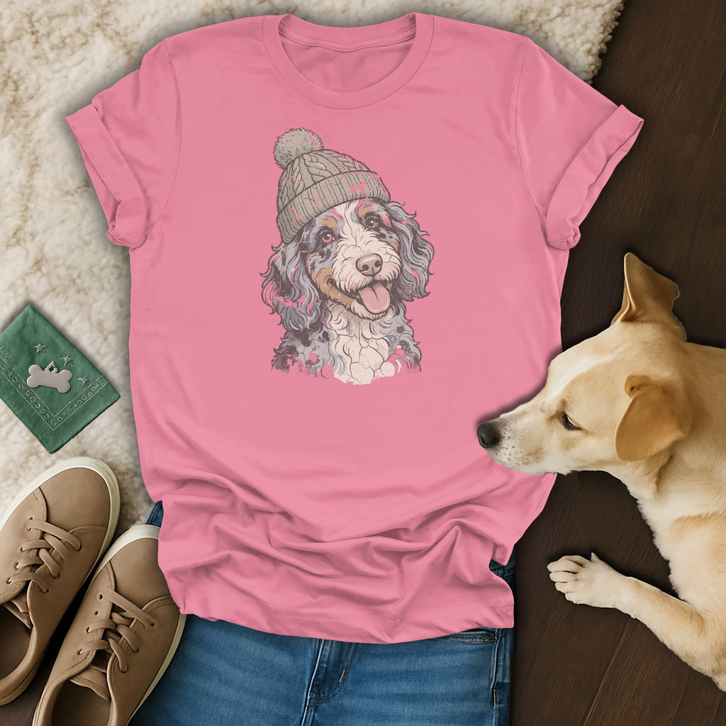 Pink t-shirt with a doodle dog wearing a beanie, next to jeans and sneakers.