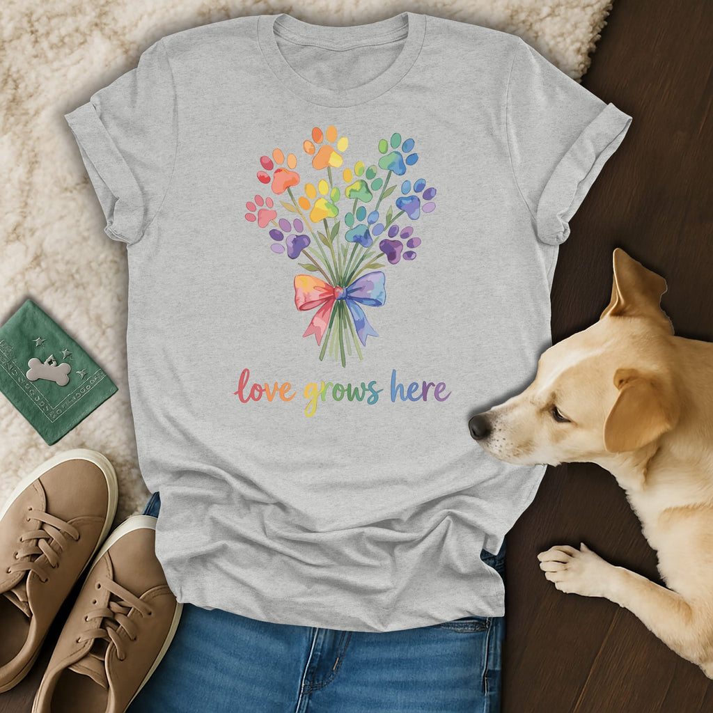 Grey t-shirt with rainbow paw print bouquet and "love grows here" text.