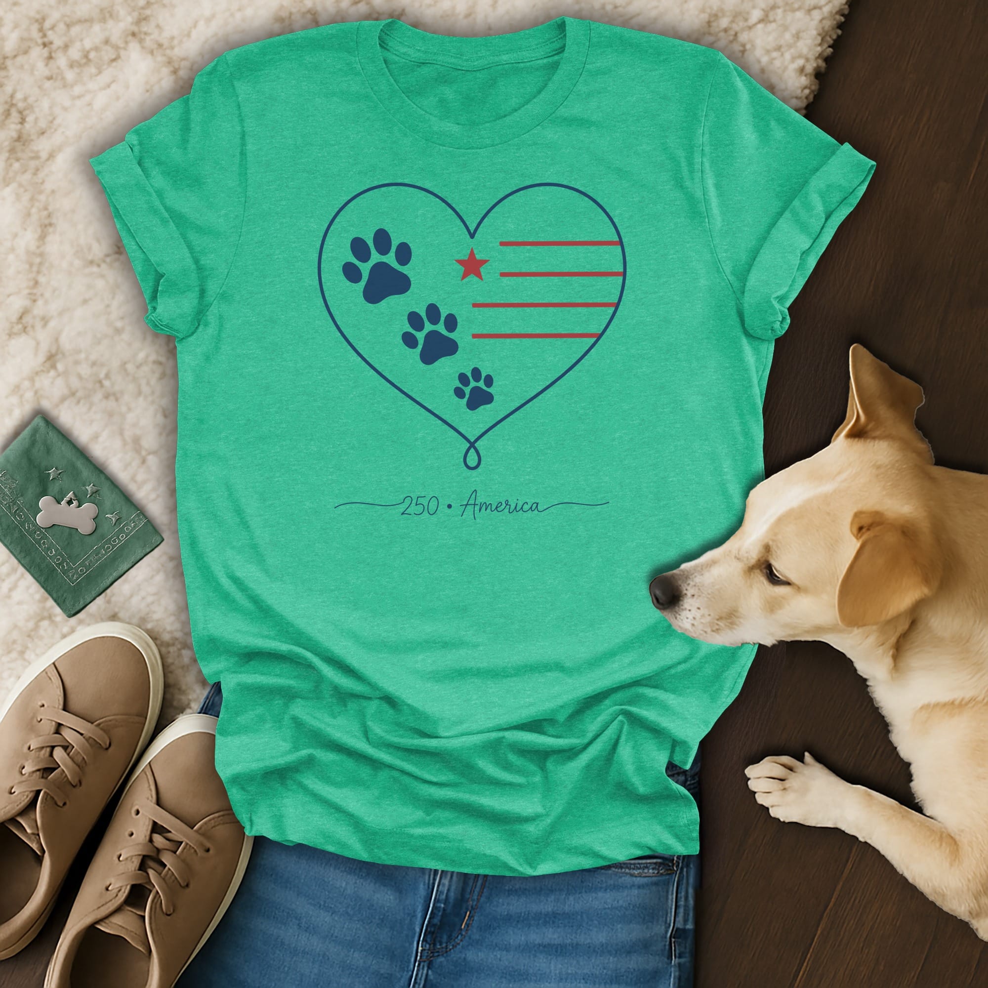 Green t-shirt with paw prints and stripes forming a heart; "250 America" text.