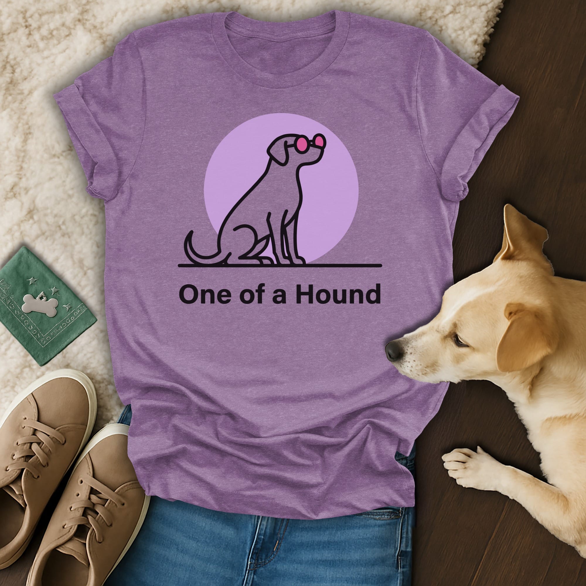 Purple t-shirt with dog silhouette wearing pink sunglasses and text "One of a Hound".