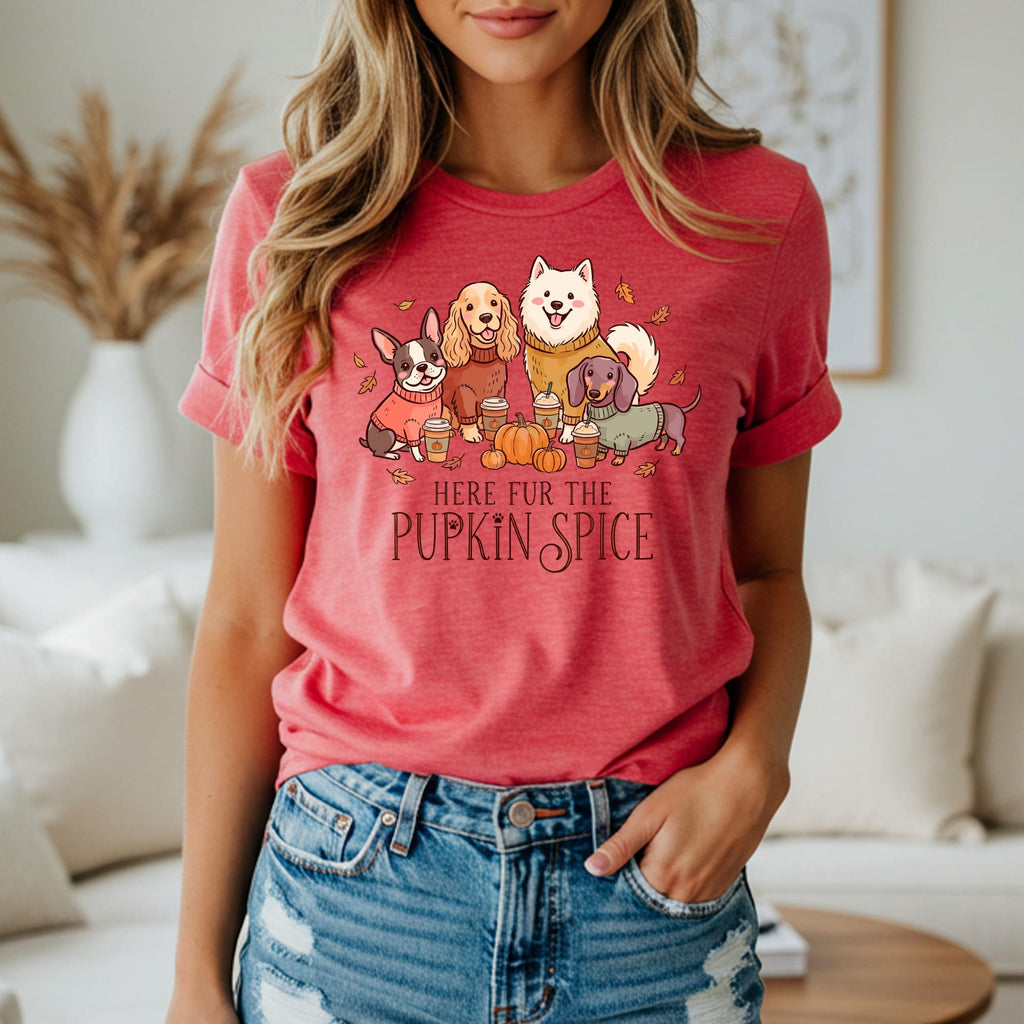 T-shirt graphic with dogs, pumpkins, and text "HERE FUR THE PUPKIN SPICE".