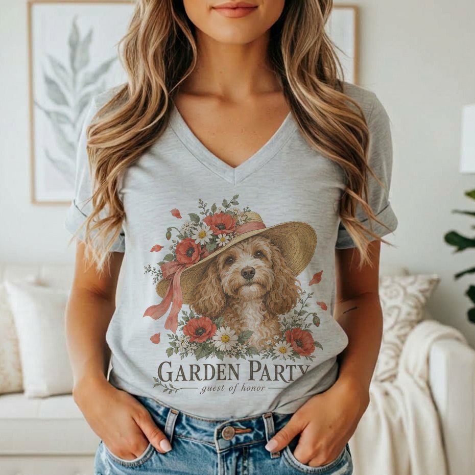 A woman wears a grey V-neck t-shirt featuring a graphic of a cockapoo dog in a flower-adorned hat, with the text Garden Party guest of honor below.