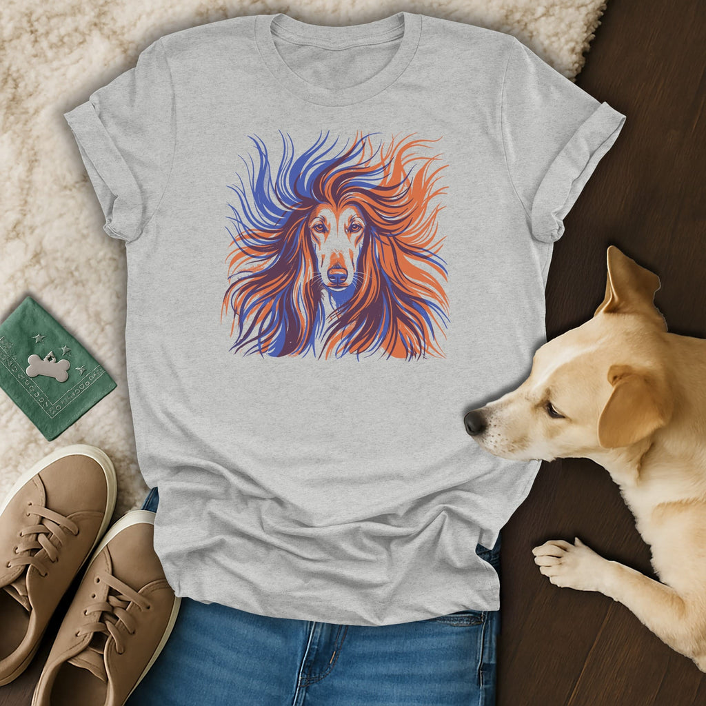 Grey t-shirt with graphic of an Afghan Hound with flowing orange and blue hair.
