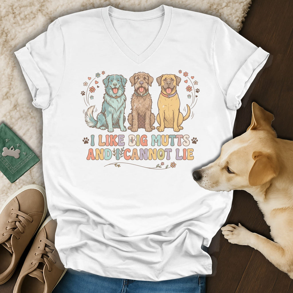 White t-shirt with three dogs and text "I LIKE BIG MUTTS AND I CANNOT LIE".