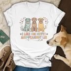 White t-shirt with three dogs and text "I LIKE BIG MUTTS AND I CANNOT LIE".