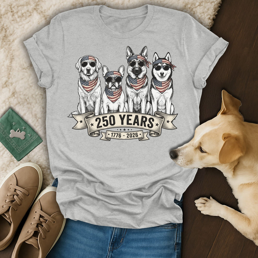 Four dogs wearing bandanas and sunglasses celebrate 250 years of American history.