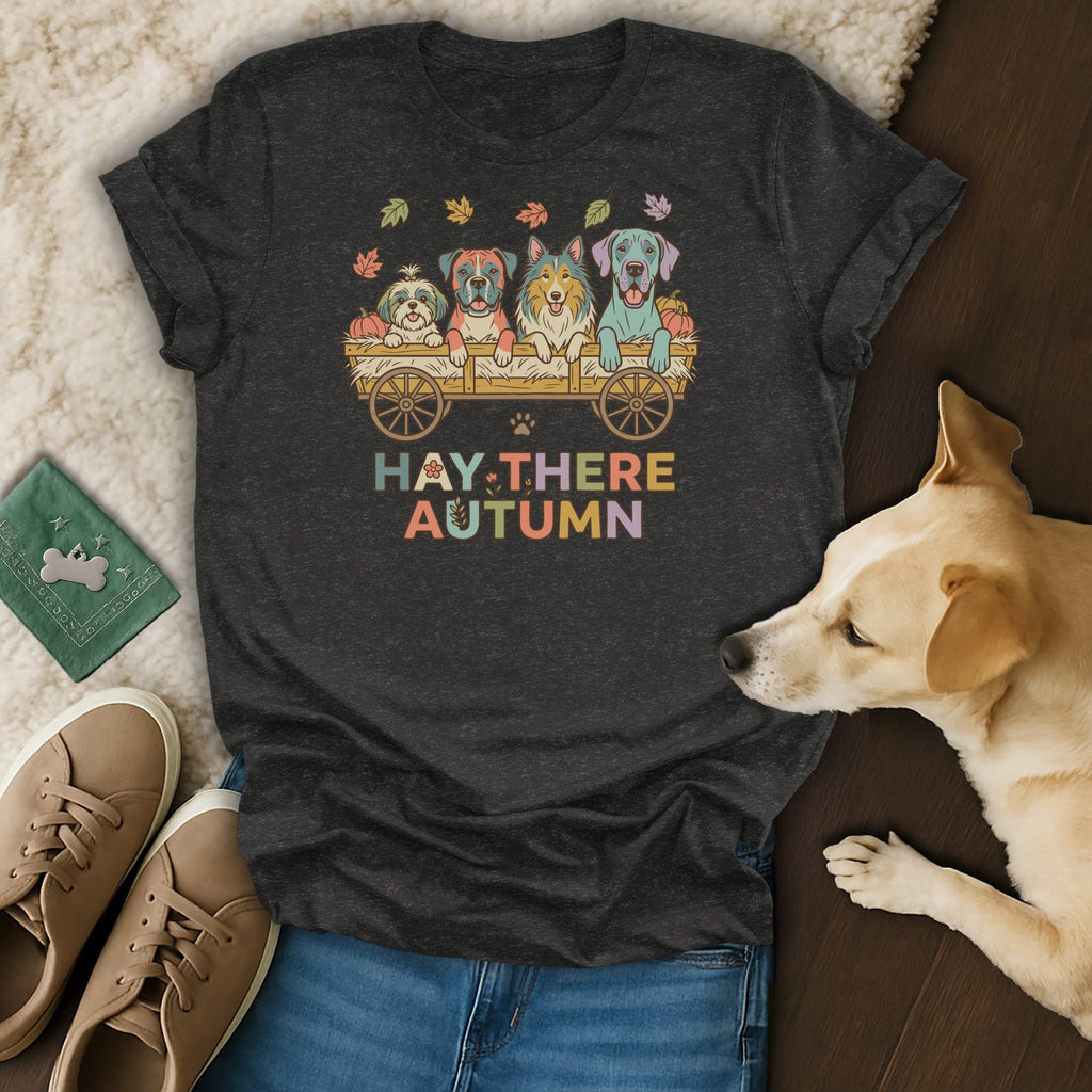 Dark grey t-shirt with a graphic of four dogs in a wagon saying "HAY THERE AUTUMN".