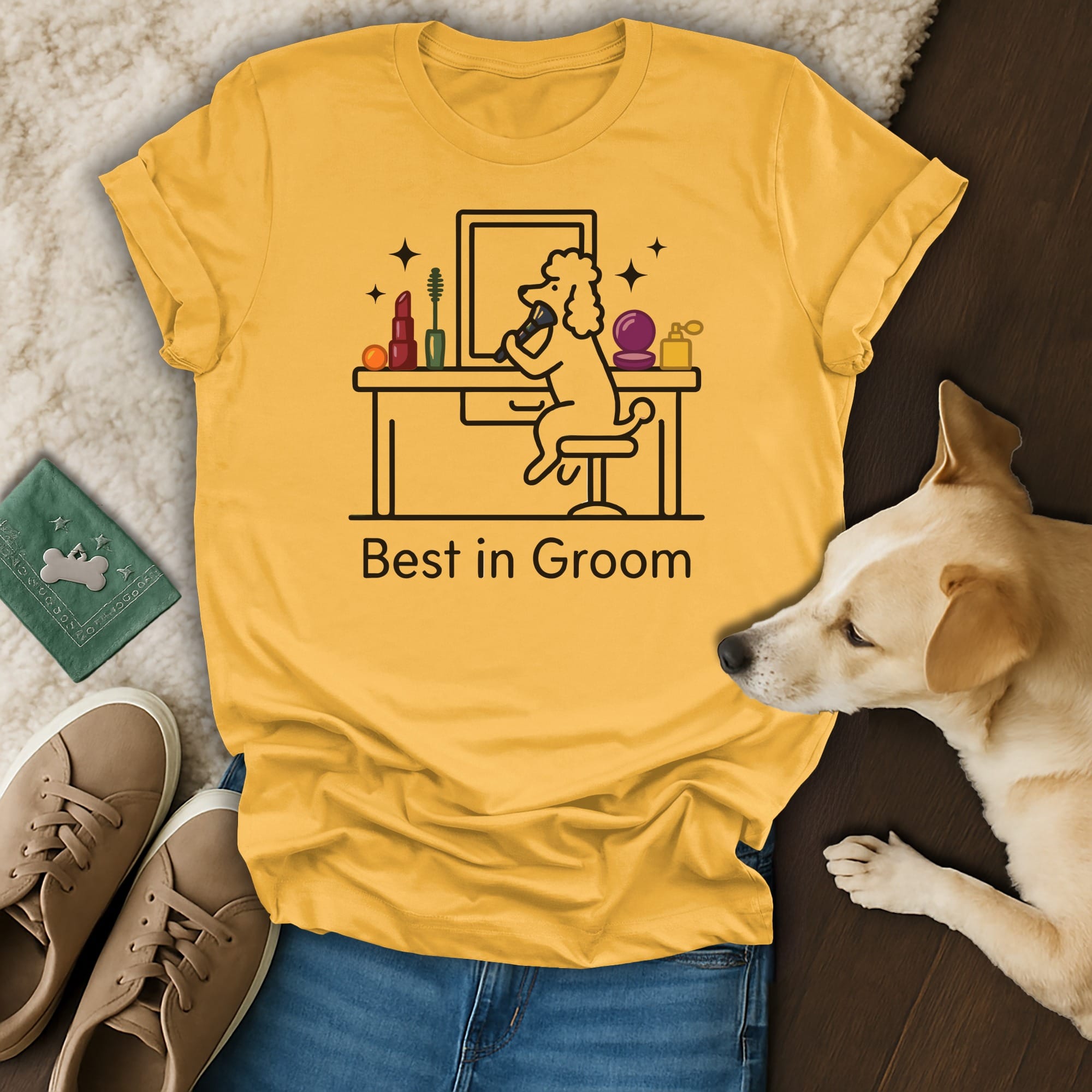 Yellow t-shirt with "Best in Groom" text and cartoon dog at a vanity.