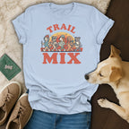 Light blue t-shirt with cartoon dogs hiking and "TRAIL MIX" text.