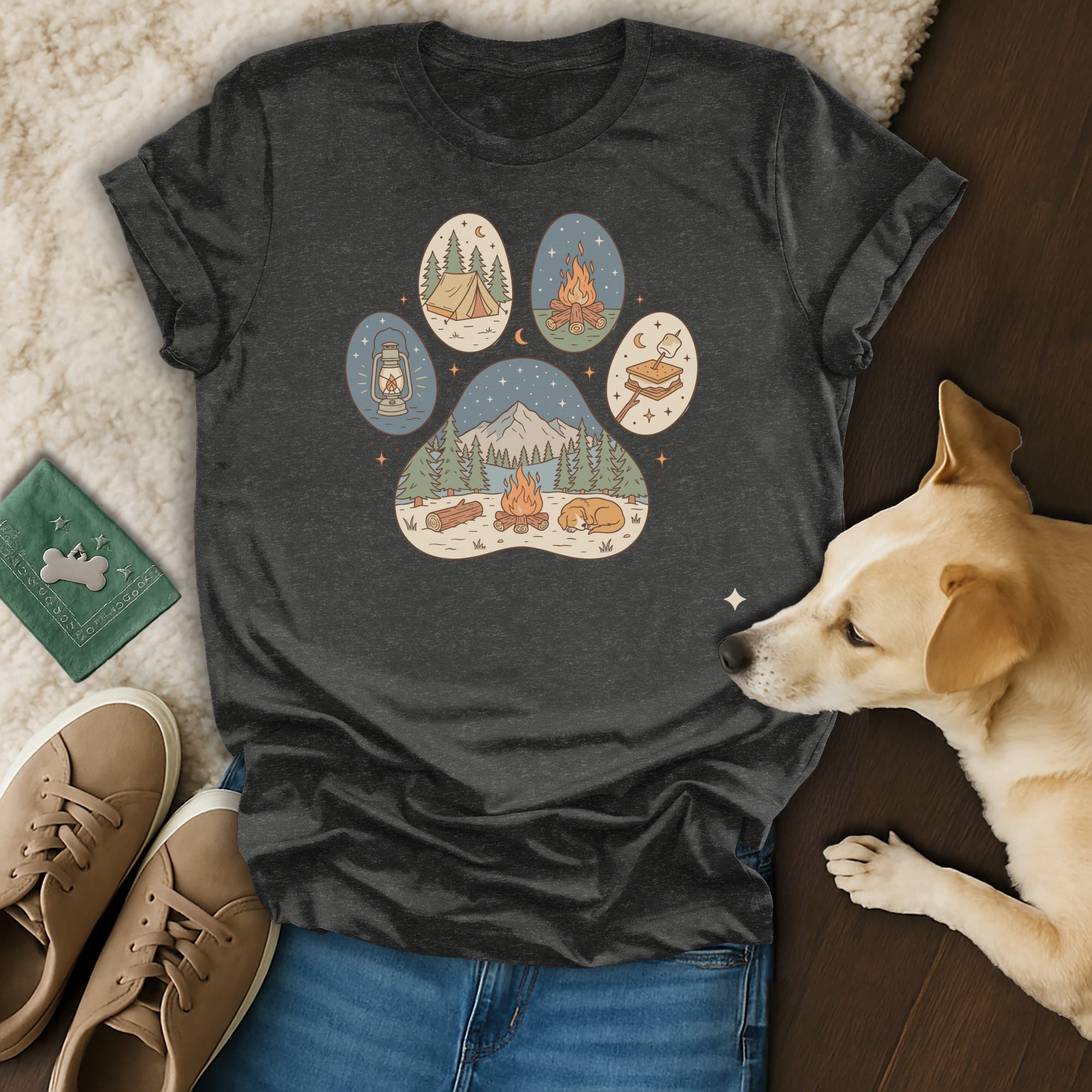 Paw print graphic with camping scene elements and text.