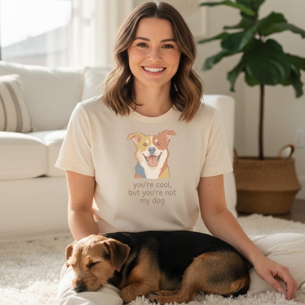 Woman wearing cream t-shirt with cartoon dog graphic and text "you're cool, but you're not my dog."