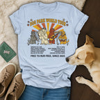 Light blue t-shirt with dogs on a "Dog Park World Tour" graphic.