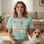 Light mint t-shirt with watercolor dog breeds and playful breed names.