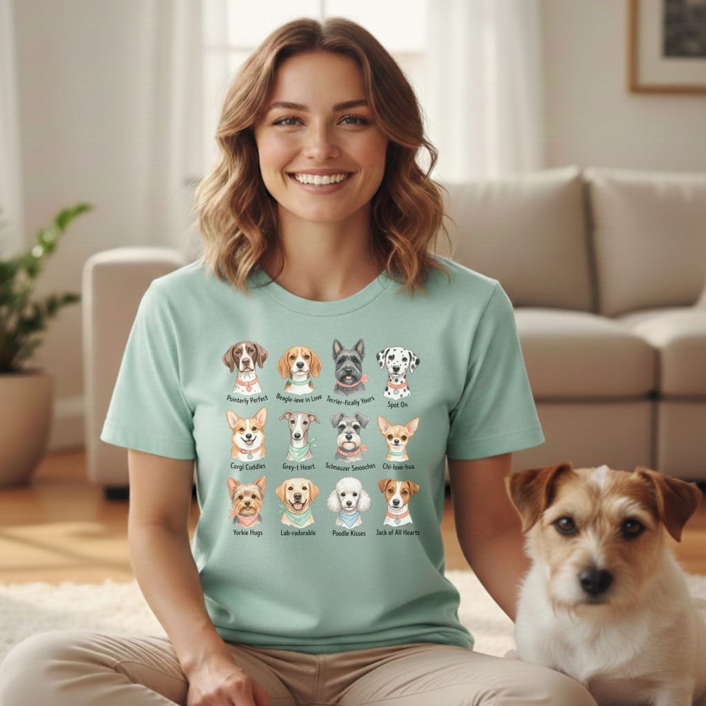 Light mint t-shirt with watercolor dog breeds and playful breed names.