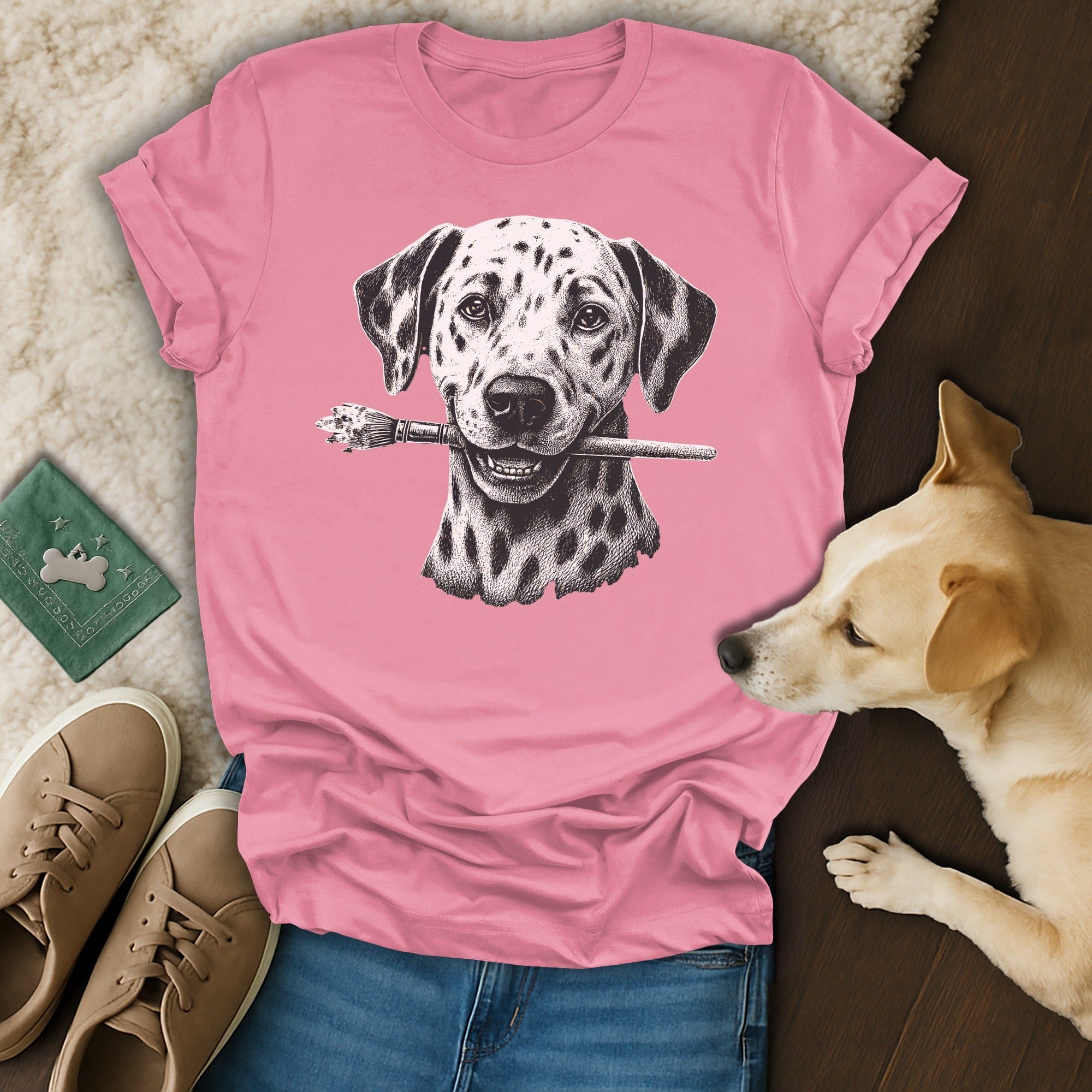 Dalmatian Design Pink T-Shirt with Brush in Mouth Shirt
