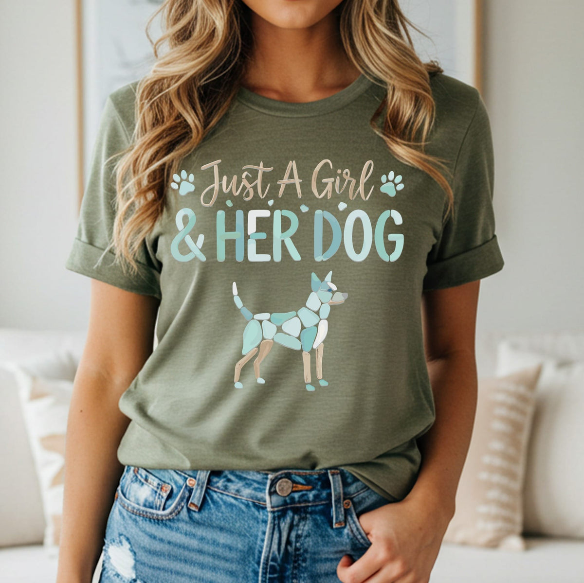 Olive green t-shirt with "Just A Girl & Her Dog" text and mosaic dog design.
