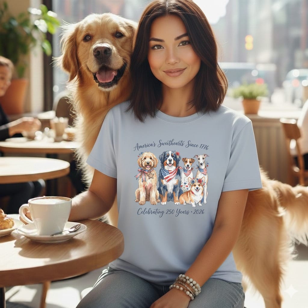 Woman and Golden Retriever wearing a patriotic t-shirt with dogs.