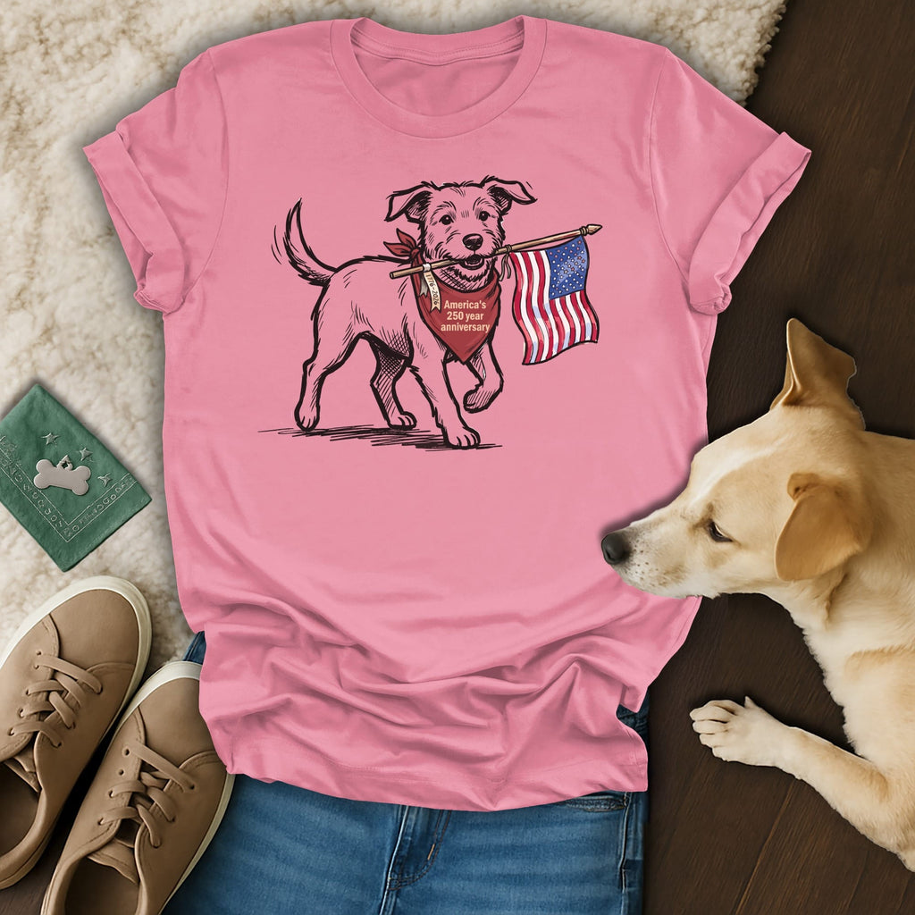 Dog wearing bandana holding American flag, printed on pink t-shirt.