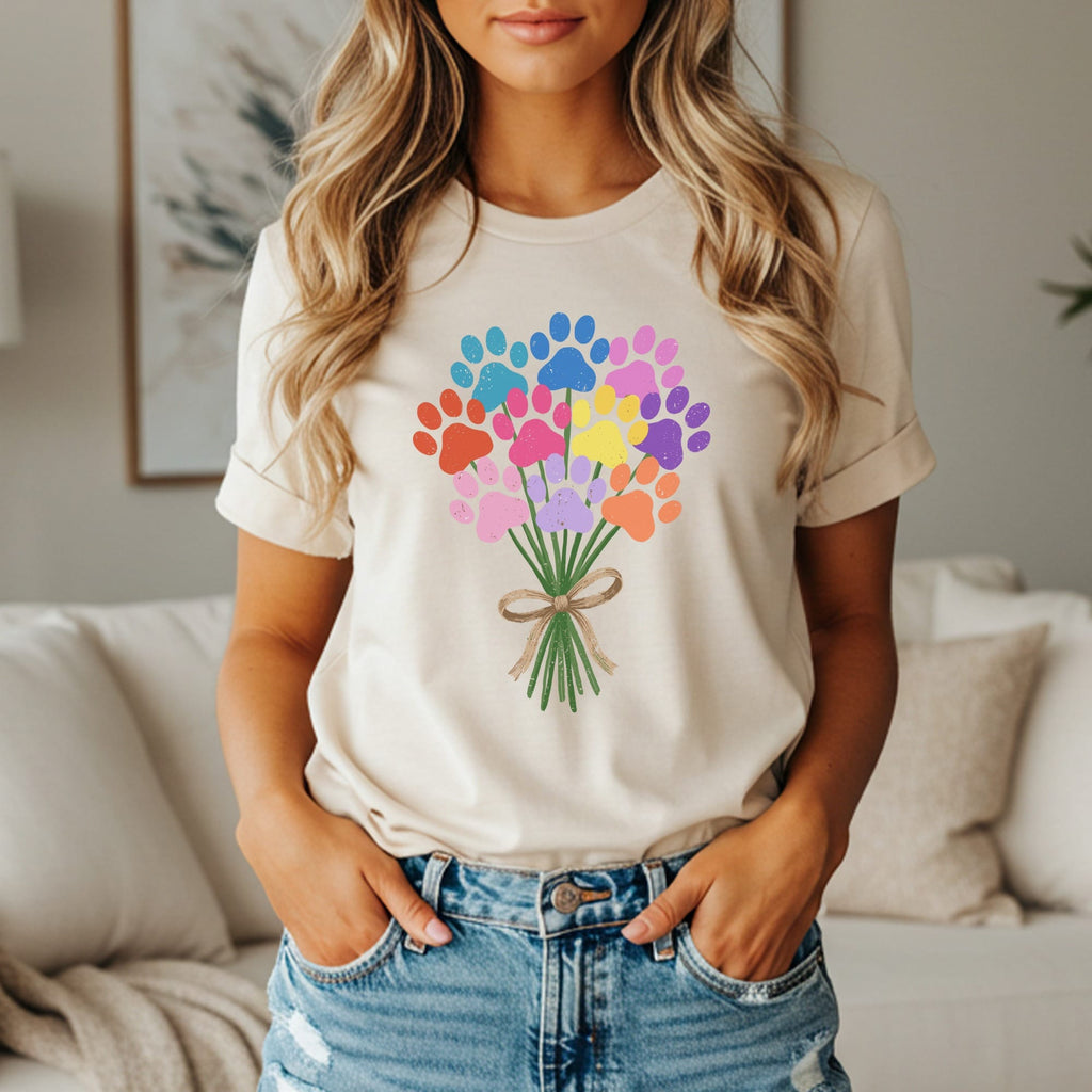 Bouquet of colorful paw prints tied with a ribbon on a cream t-shirt.