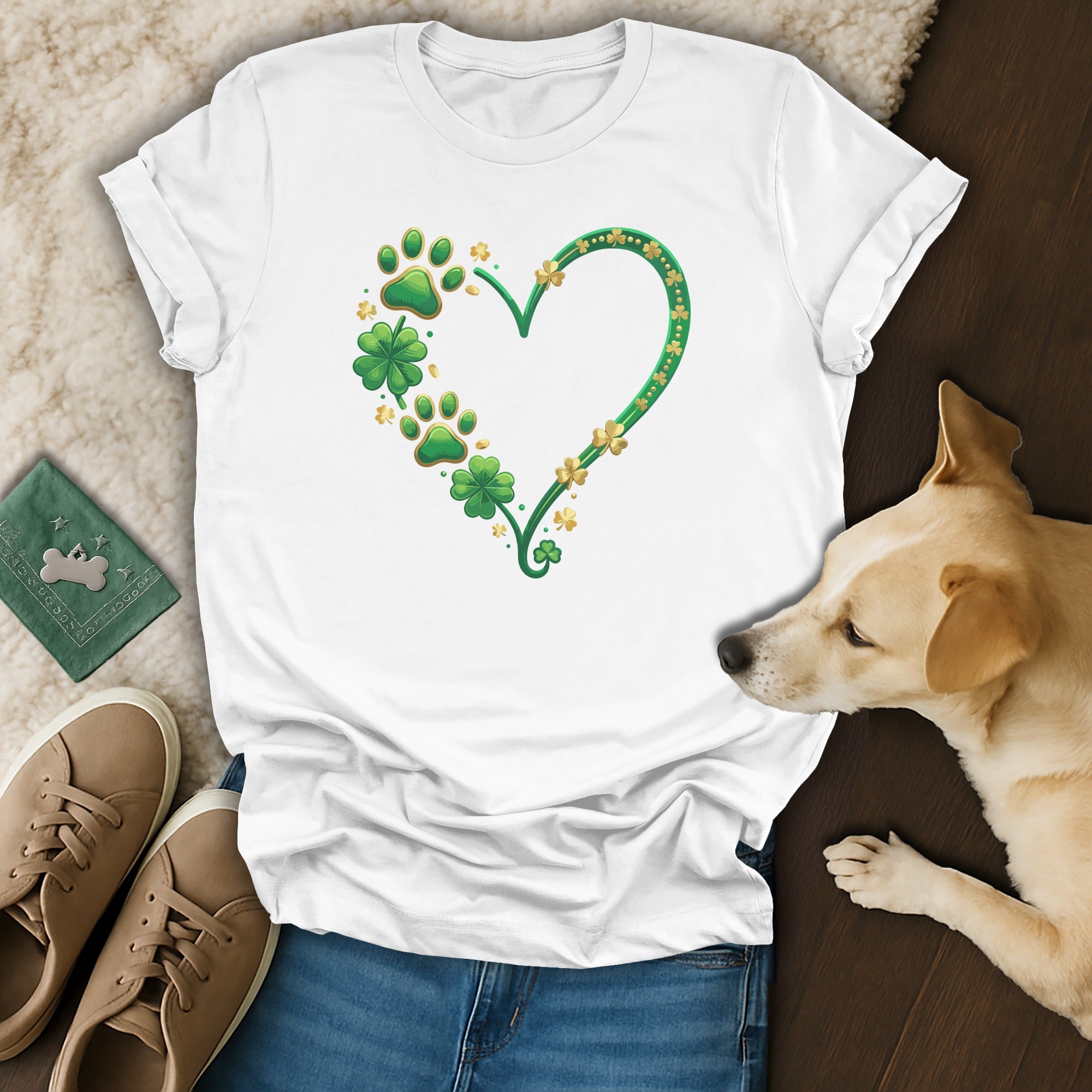 St. Patrick's Day Heart and Shamrock Paws T-shirt