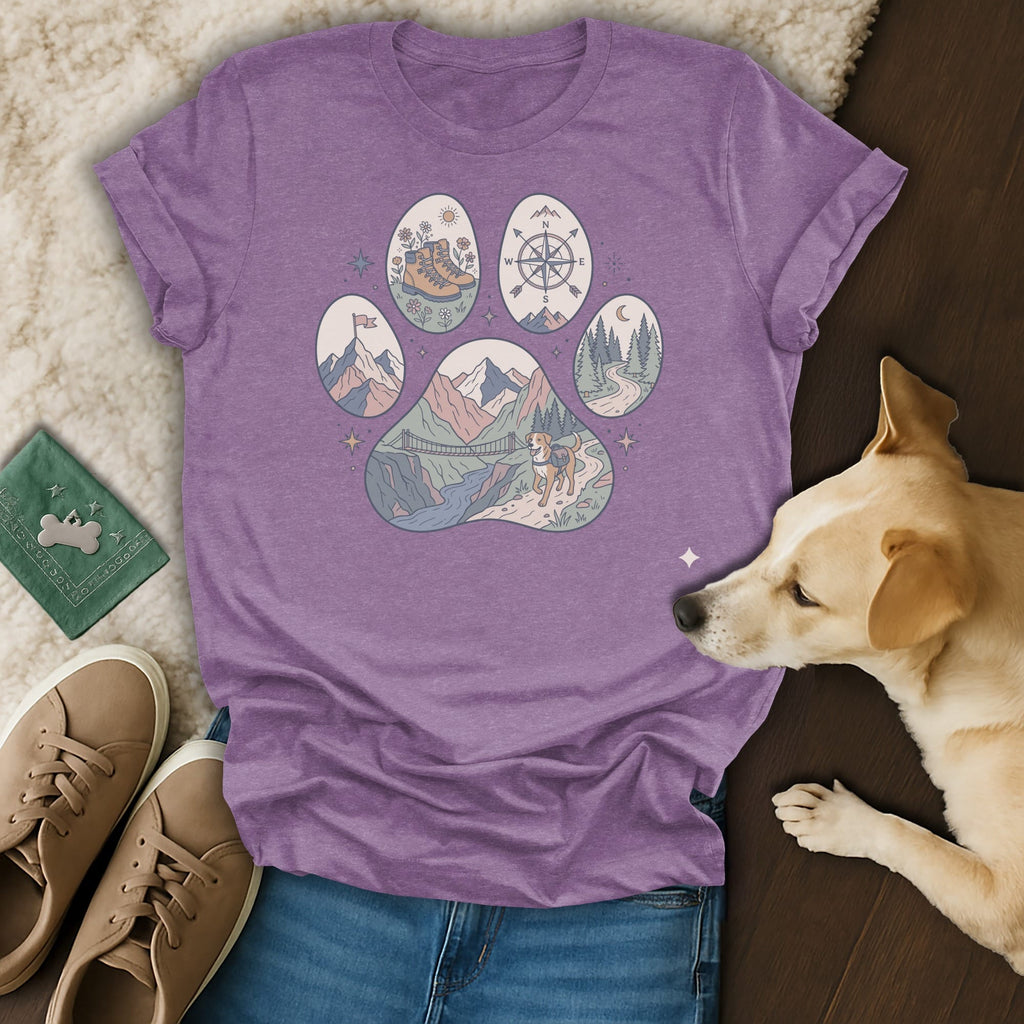 Purple t-shirt with paw print design of mountains, compass, dog, and hiking boot.