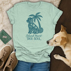 Light green t-shirt with teal dog, palm tree, and text: Island Heart Dog Soul.