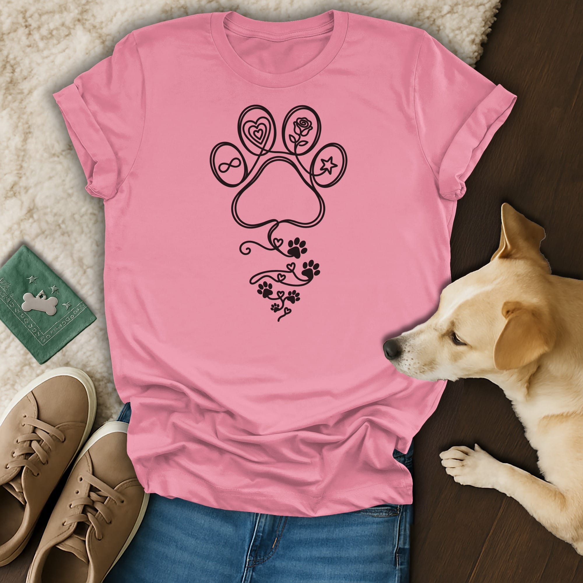 Pink t-shirt with black paw print, infinity symbol, and floral vine design.