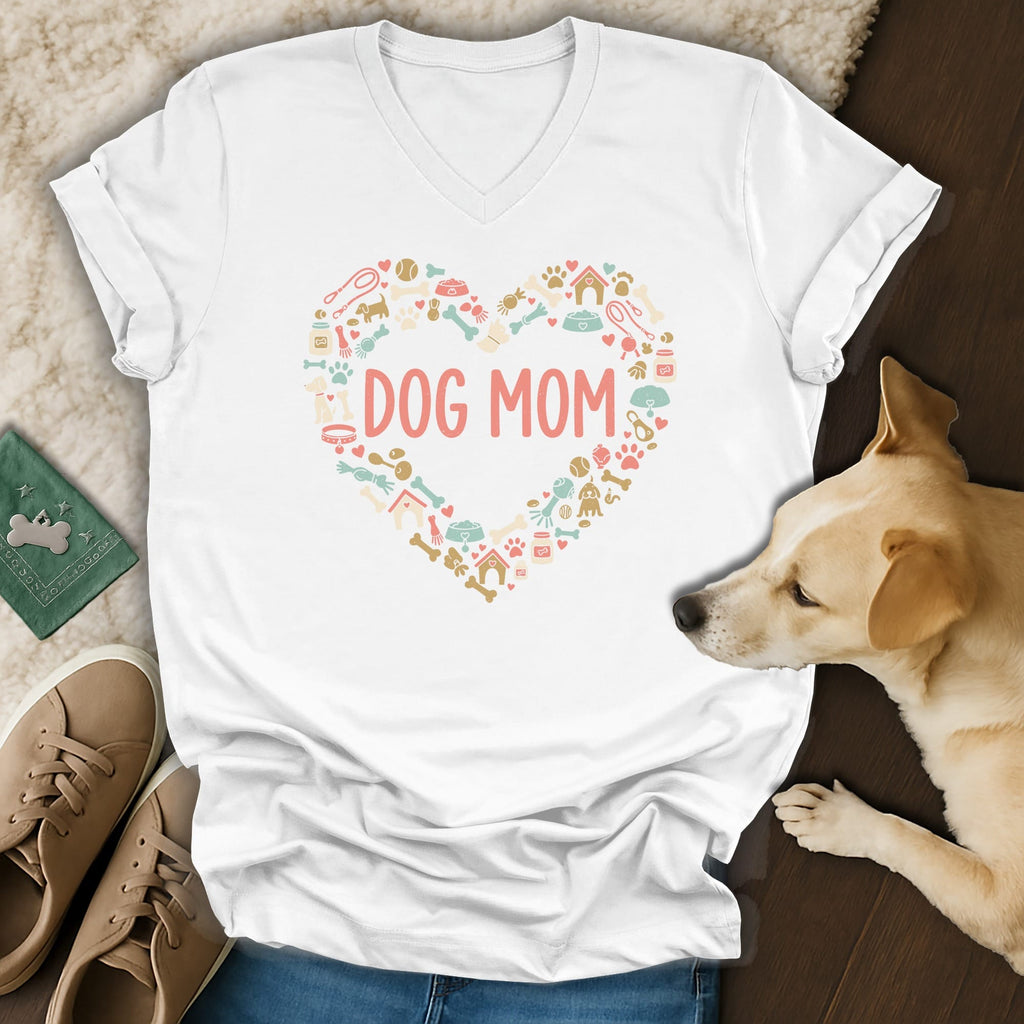 White v-neck shirt with "DOG MOM" in coral text surrounded by dog icons.