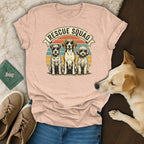 T-shirt with "Rescue Squad" text and three dogs, two small and one medium.
