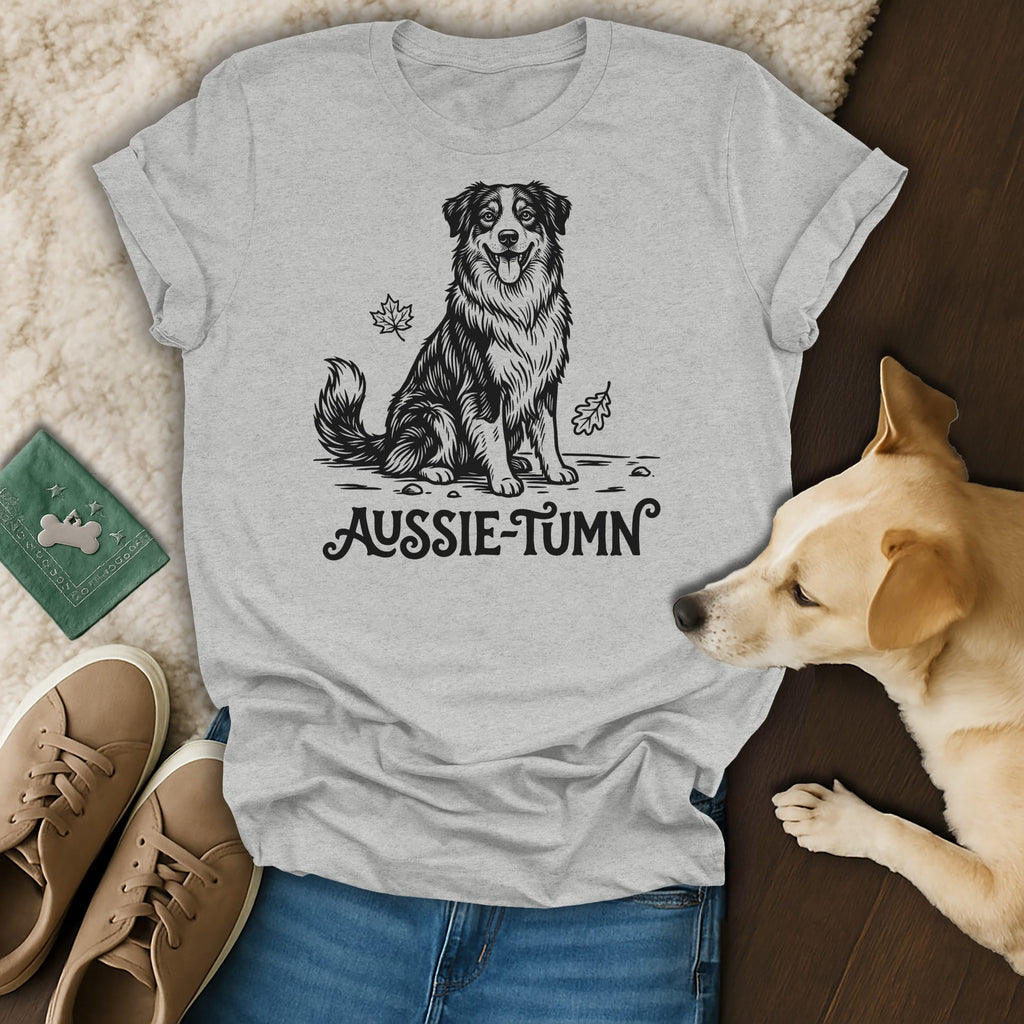 Grey t-shirt with black line art of a happy Australian Shepherd and "Aussie-Tumn" text.