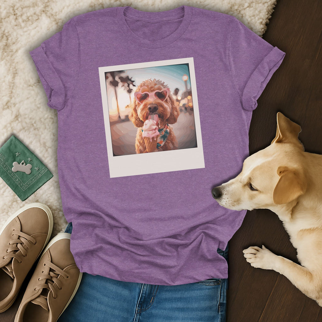 Purple t-shirt with a polaroid print of a dog wearing heart sunglasses eating ice cream.