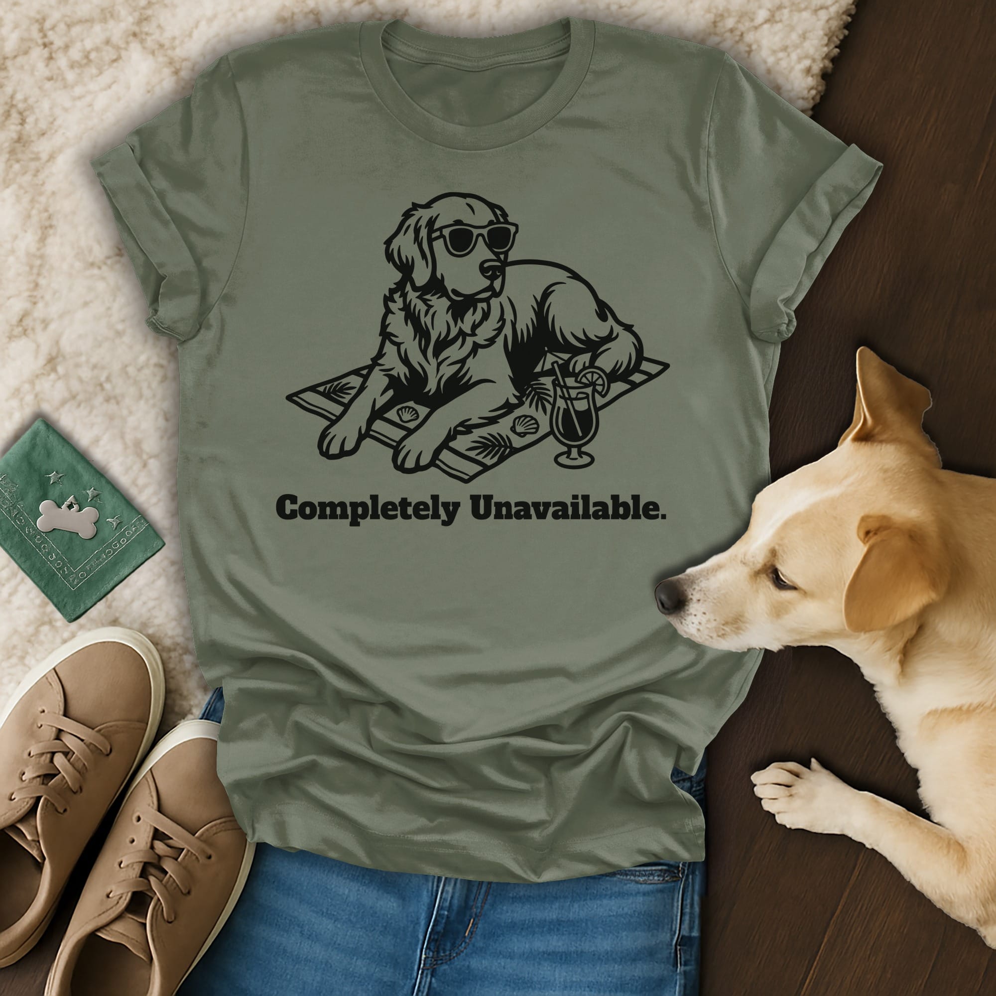 T-shirt with sunglasses-wearing dog on beach towel, text "Completely Unavailable."