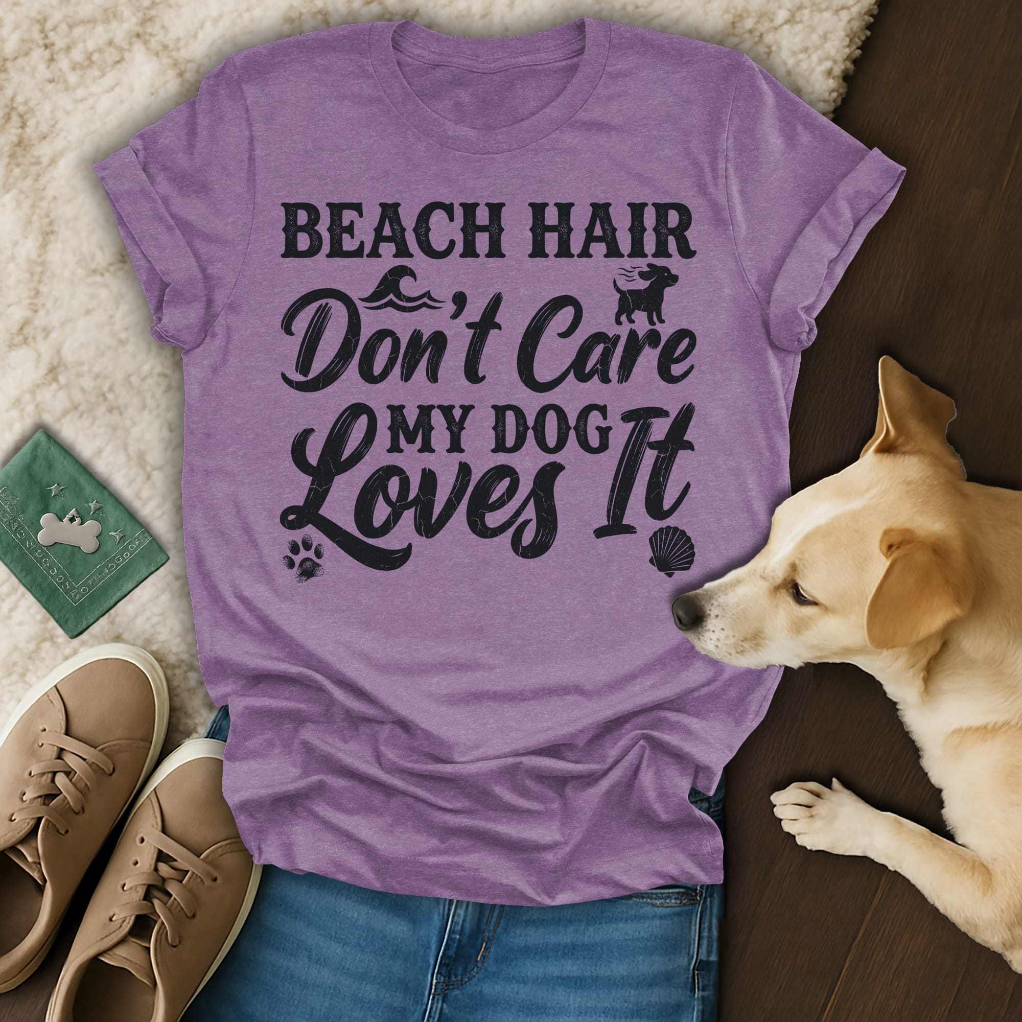 Purple t-shirt with "Beach Hair Don't Care My Dog Loves It" text and dog illustration.