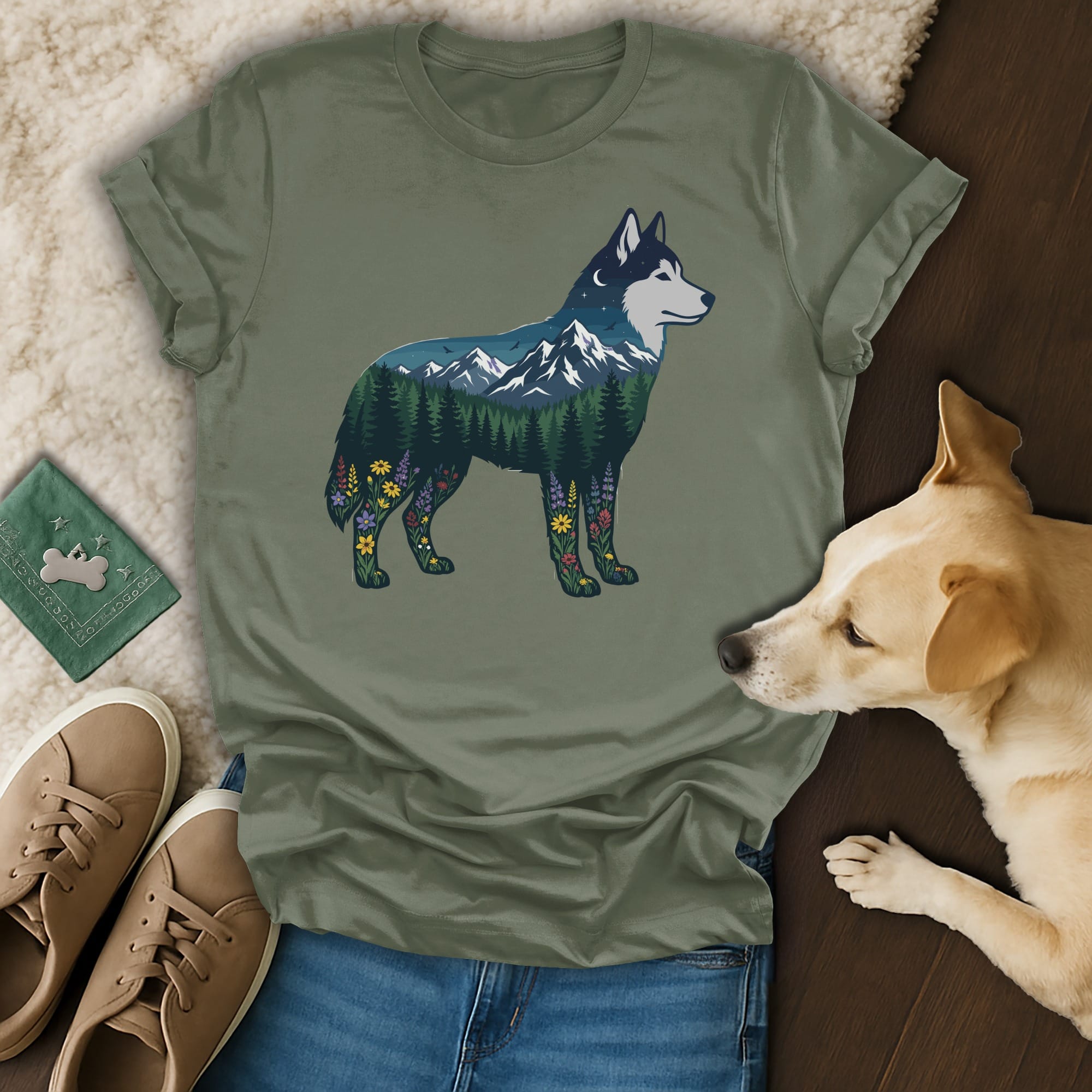 Green t-shirt with a husky silhouette filled with mountains and wildflowers.