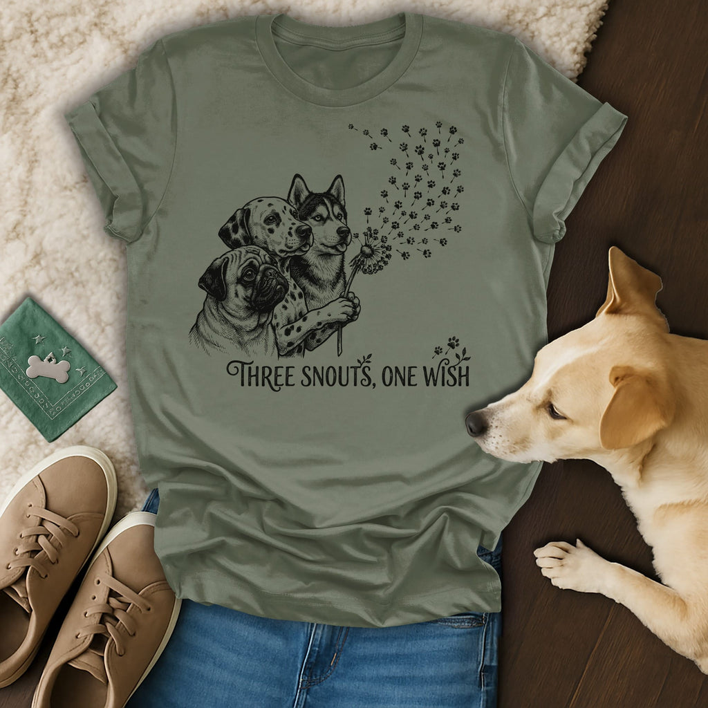 T-shirt with three dog faces and a dandelion with paw print seeds.
