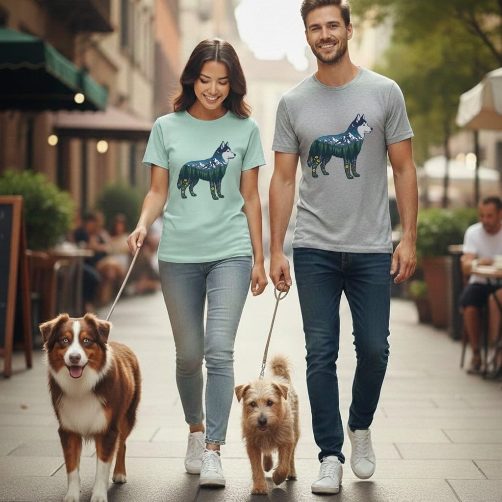 Couple walking two dogs on leashes, both wearing t-shirts with mountain landscape design.