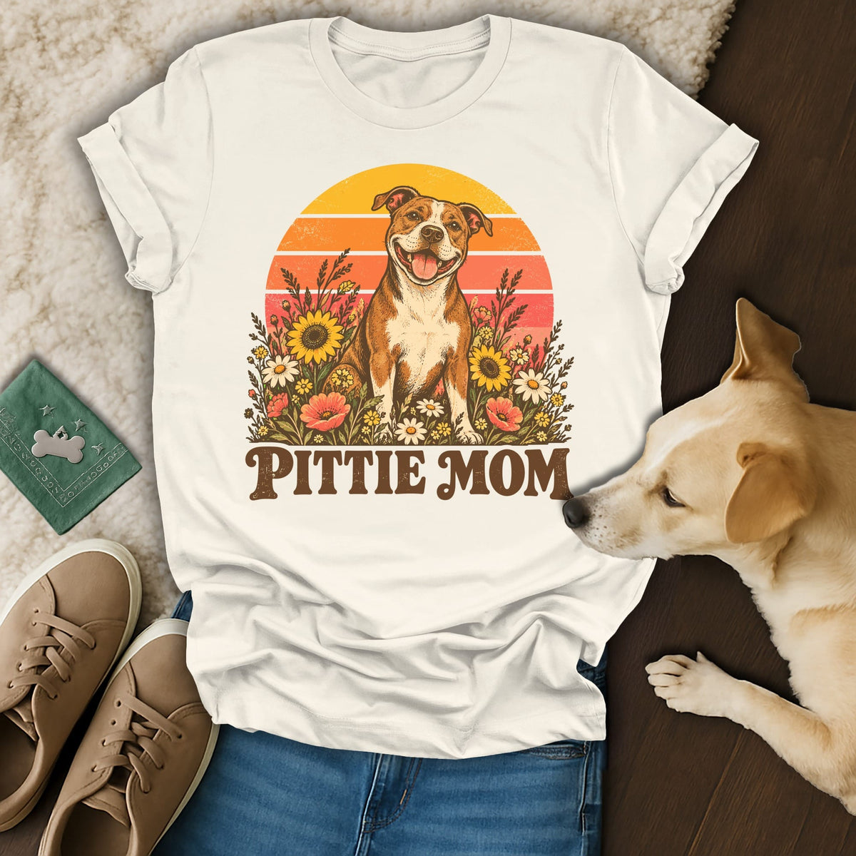 White t-shirt with a graphic of a pit bull in flowers, sunset, and text reading Pittie Mom.