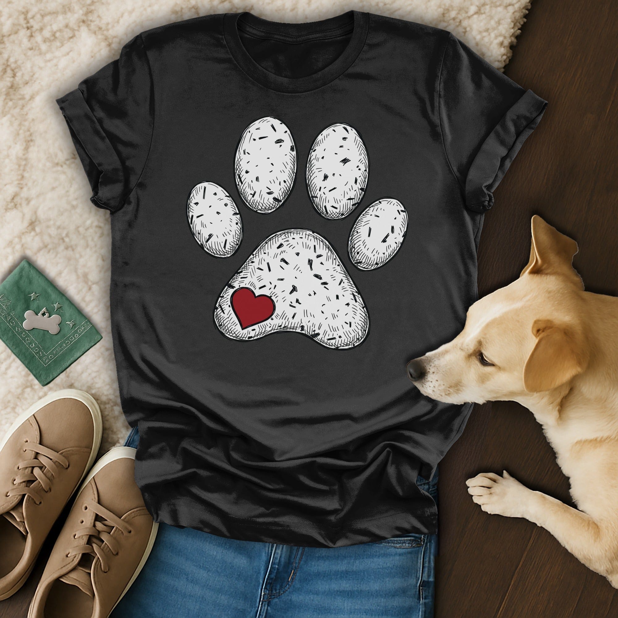 White Sketch Paw Print Red Heart Black Tee Pet Lover product type