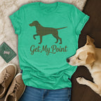 Green t-shirt with houndstooth dog silhouette and "Get My Point" text.