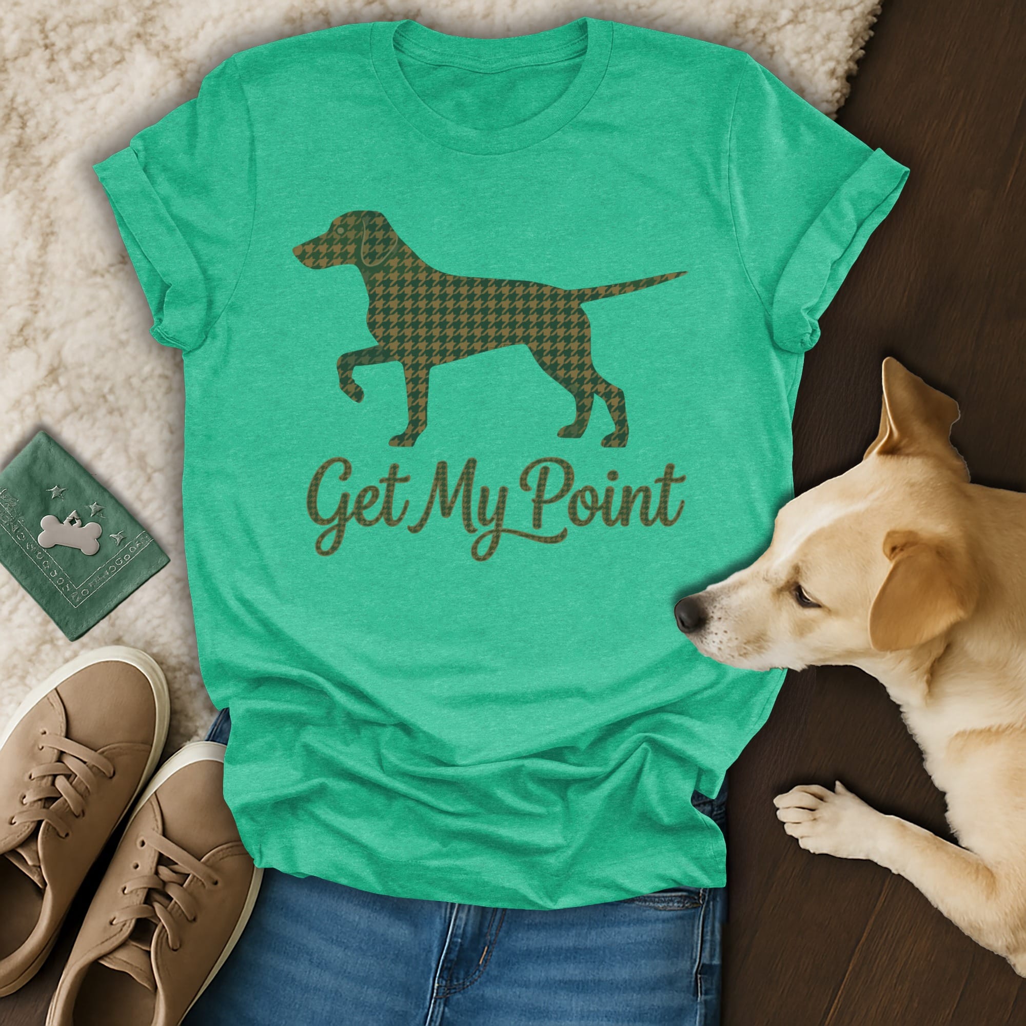 Green t-shirt with houndstooth dog silhouette and "Get My Point" text.