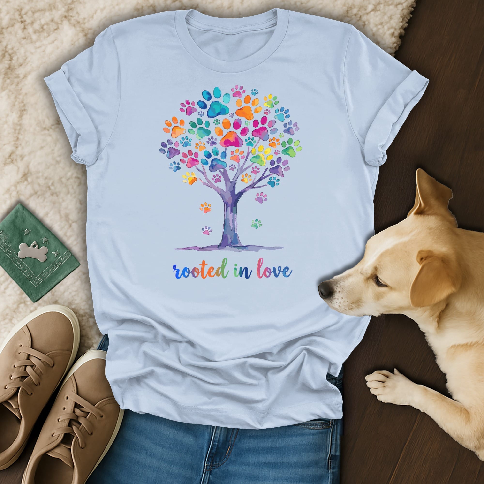 Light blue t-shirt with watercolor tree made of colorful paw prints and "rooted in love" text.